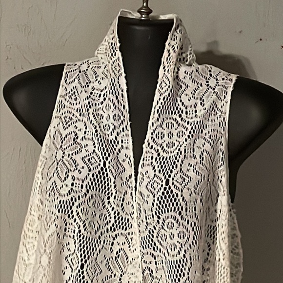 OS Vintage 1988 Time USA cream ivory lace sleeveless open long cardigan - Picture 5 of 12